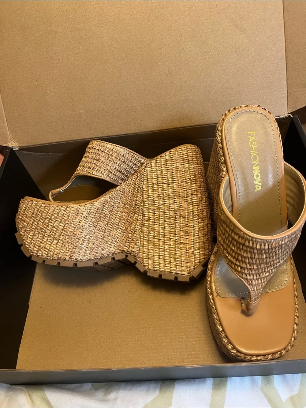 Woven Straw Platform Wedge Sandals - Tan